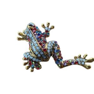 Vintage Frog Pin Brooch Gold Tone 1.75" Rhinestone Reptile Tree Frog Multicolor